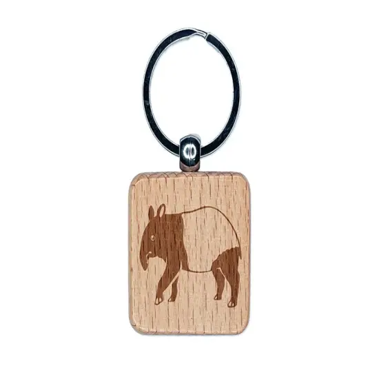 Simple Malayan Asian Tapir Engraved Wood Square Keychain Tag Charm {1}