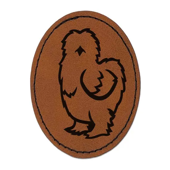 Fluffy Silkie Chicken Round Iron-On Engraved Faux Leather Patch Applique - 2.5" Brown {1}