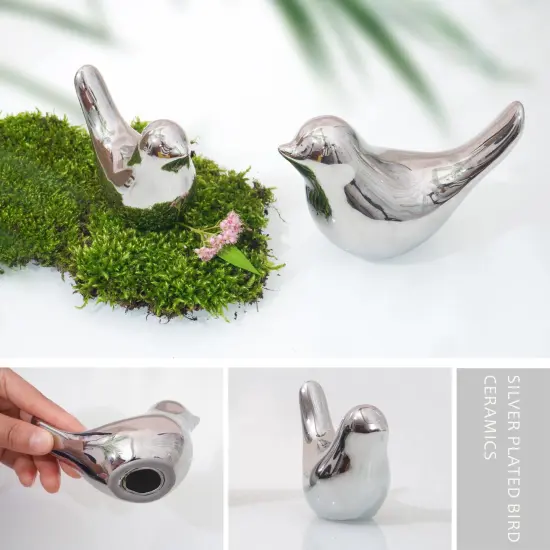 2 Pieces Small Birds Statues Home Decor Modern Style Birds Decorative Ornaments for Living Room, Bedroom, Office Desktop, Cabinets ( Silver Birds) {5}