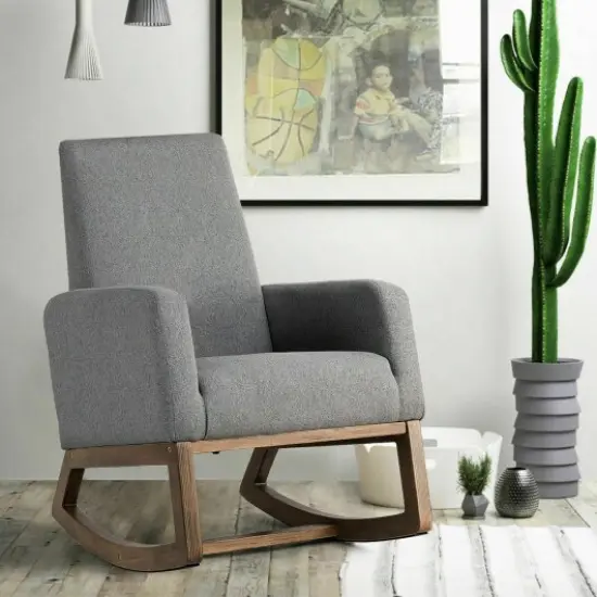 Mid Century Rocking Chair Retro Modern Fabric Upholstered Relax Rocker Grey {1}