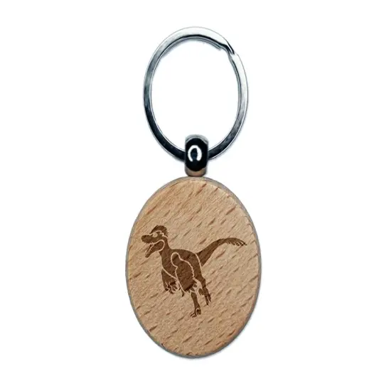 Velociraptor Dinosaur Running Engraved Wood Round Keychain Tag Charm {1}