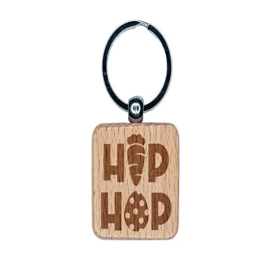 Bunny Hip Hop Carrot and Easter Egg Engraved Wood Square Keychain Tag Charm {1}