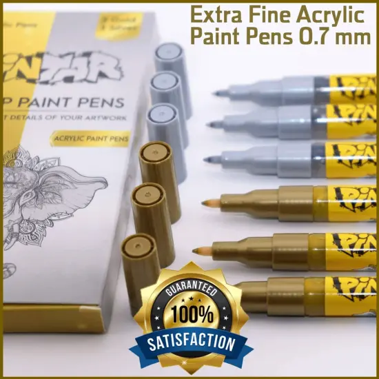 Pintar Acrylic Paint Markers - Pack of 6 Gold & Silver with 0.7 mm Tips {1}