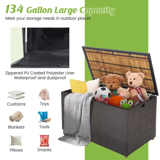 134 Gallon Rattan Storage Box with Zippered Liner and Solid Acacia Wood Top {6}