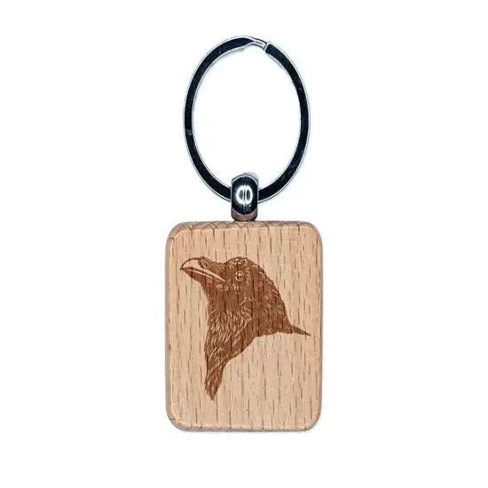 Realistic Crow Head Engraved Wood Square Keychain Tag Charm {1}