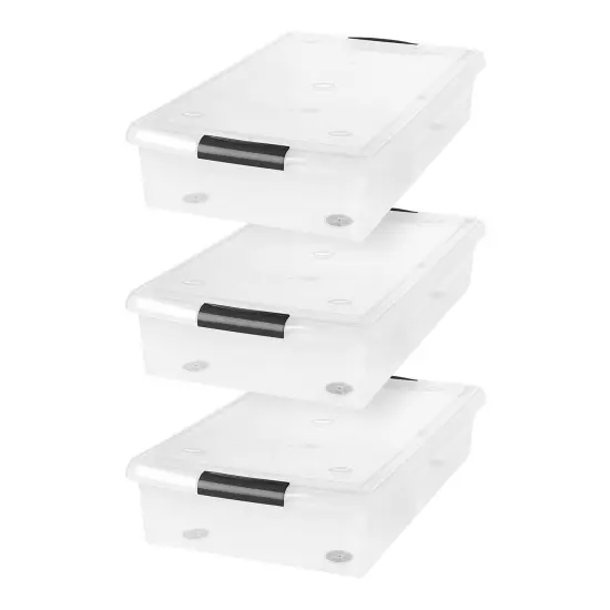 IRIS USA 40 Qt Plastic Under Bed Storage Stackable Nestable Organizer Bin Container with Secure Lids and Durable Black Buckles, Multi-Purpose for Clothes, Shoes, and Bedding, Clear, 3 Pack {1}