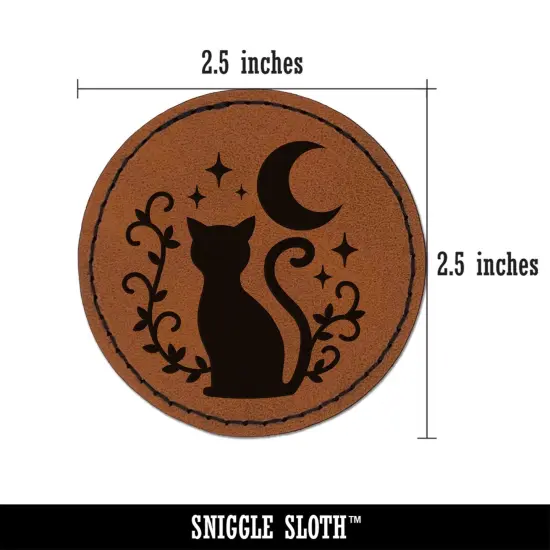 Cat Moon Stars Round Iron-On Engraved Faux Leather Patch Applique - 2.5" Brown {3}