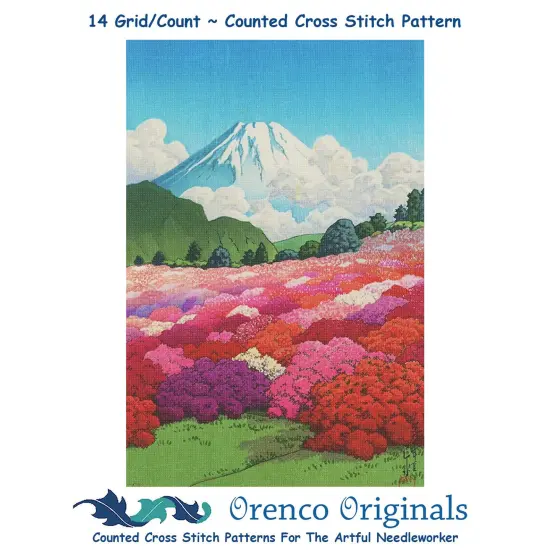 Mt Fuji Azalea Garden Counted Cross Stitch Pattern by Kawase Hasui {1}