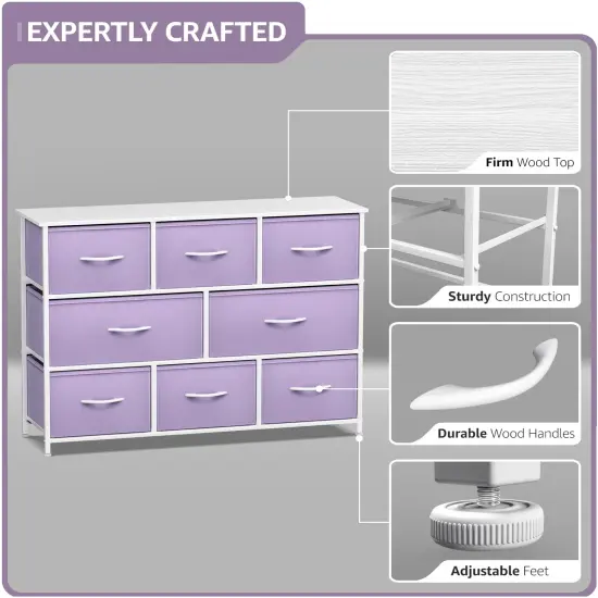 Sorbus Dresser with 8 Drawers - Chest Organizer Unit with Steel Frame Wood Top & Handle Easy Pull Fabric Bins for Clothes - Wide Storage Furniture for Bedroom, Hallway, Living Room, Nursery & Closet Purple {3}
