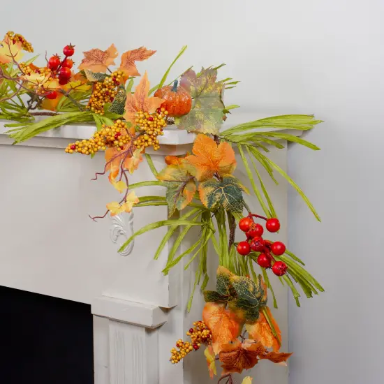 Northlight Mini Pumpkins and Berry Clusters Artificial Fall Harvest Garland - 5' x 10" - Green and Orange {3}