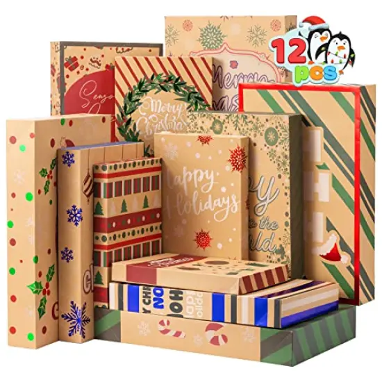 JOYIN 12 Pcs Christmas Aluminum Foil Kraft Paper Gift 3 sizes Boxes with Base, Xmas Shirt Wrap Box, Holiday Present Box for Birthday Party Favors Decorations Gift-Giving, 12 Design {1}
