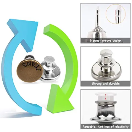 8 Sets Button Pins for Jeans Pants, No Sew Perfect Fit Jean Button Tightener Replacement Adjustable Reusable Metal Clips Snap Tack, Instant Reduce Too Big Pants Waist {3}