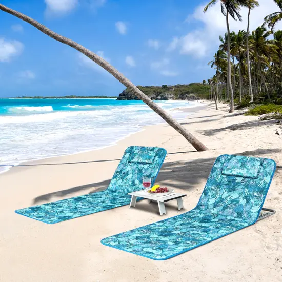 3 Pieces Beach Lounge Chair Mat Set 2 Adjustable Lounge Chairs with Table Stripe Green {2}