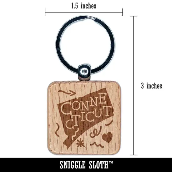 Connecticut State with Text Swirls Engraved Wood Square Keychain Tag Charm {2}