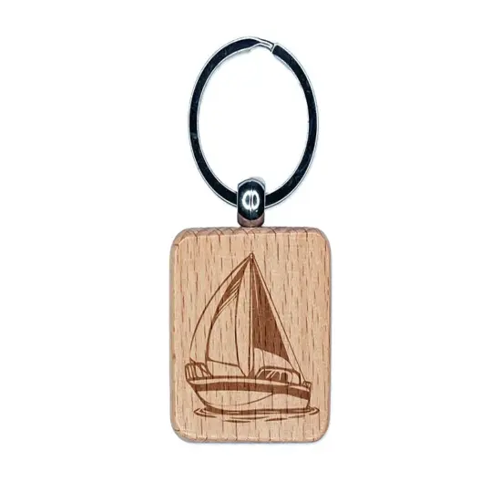 Simple Sailboat on Ocean Water Engraved Wood Square Keychain Tag Charm {1}