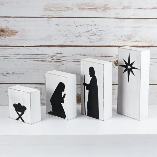 Ornativity Wooden Block Nativity Scene - Black Silhouette Christmas Figures on White Painted Wood Blocks Indoor Nativity Table Top Set Decorations - 1 Set {3}