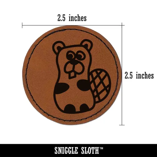 Silly Beaver Doodle Round Iron-On Engraved Faux Leather Patch Applique - 2.5" Brown {3}