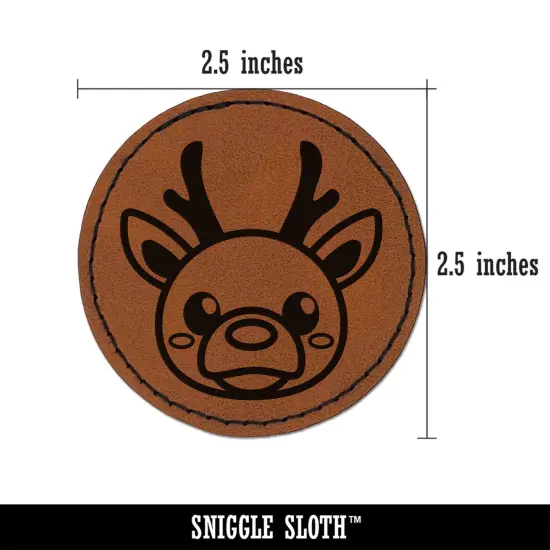 Cute Christmas Reindeer with Bright Nose Round Iron-On Engraved Faux Leather Patch Applique - 2.5" Brown {3}
