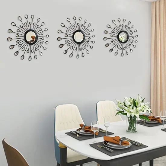 3 Pack Metal Wall Mirrors Rhinestones Starburst Mirror Set Bling Home Decorative Hanging Wall Art for Living Room Bedroom-Water-Drop Burst Black {3}