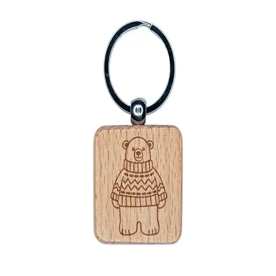 Polar Bear in Sweater Engraved Wood Square Keychain Tag Charm {1}