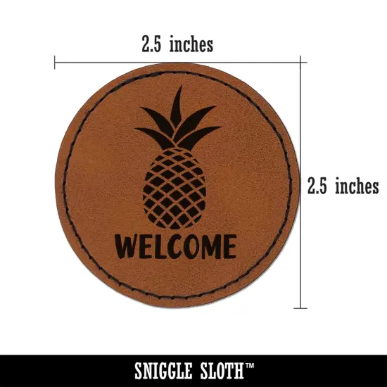Pineapple Fruit Welcome Round Iron-On Engraved Faux Leather Patch Applique - 2.5" Brown {3}