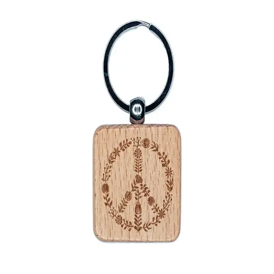 Botanical Flower Peace Sign Engraved Wood Square Keychain Tag Charm {1}