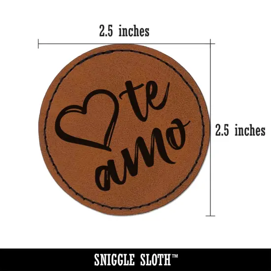 I Love You in Spanish Te Amo Heart Round Iron-On Engraved Faux Leather Patch Applique - 2.5" Brown {3}