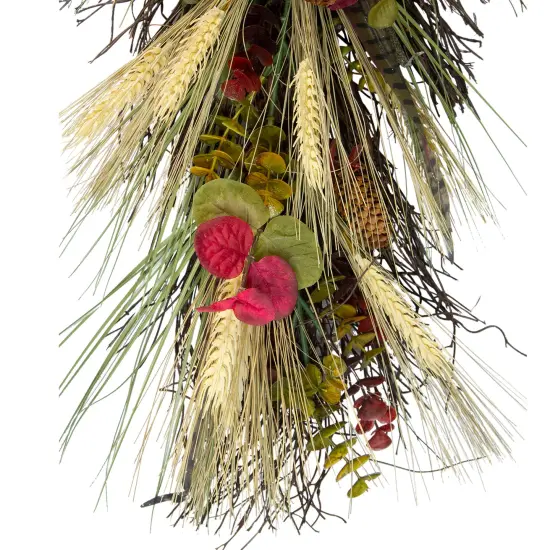 Northlight 24" Autumn Harvest Wheat and Eucalyptus with Feathers Teardrop Swag - Unlit Red {5}