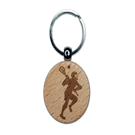 Lacrosse Player with Stick and Ball Engraved Wood Round Keychain Tag Charm {1}