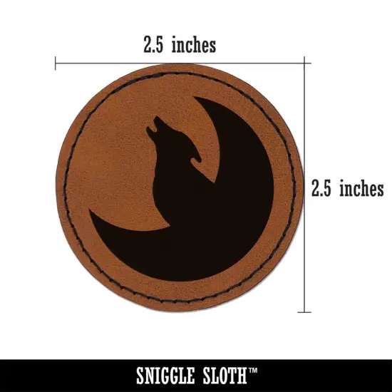 Wolf Howling with Moon Round Iron-On Engraved Faux Leather Patch Applique - 2.5" Brown {3}