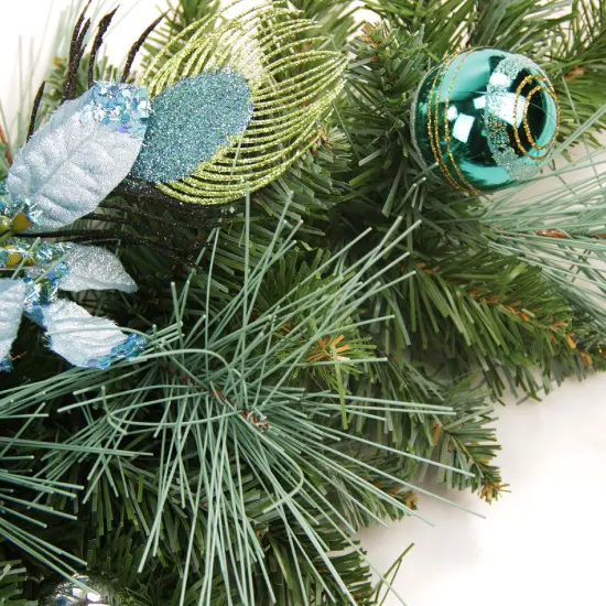 Northlight Glitter Peacock Feather Poinsettia Artificial Christmas Wreath - 24" - Unlit Blue {4}