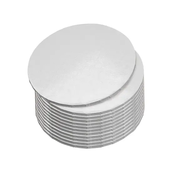 Bulk 12-pack of 10-inch round white cake drums with a 1/2-inch pleated edge. {1}