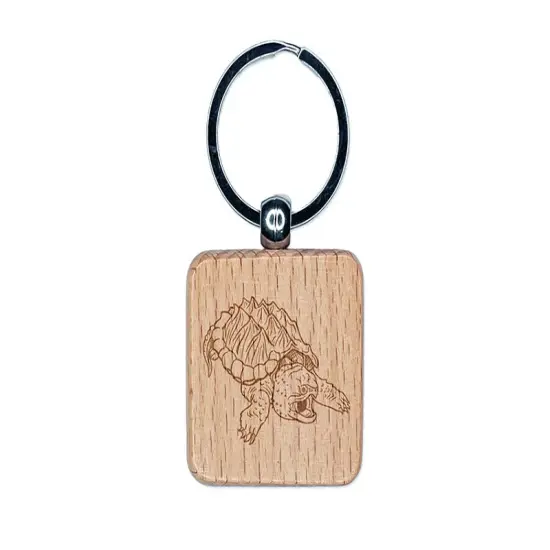 Alligator Snapping Turtle Engraved Wood Square Keychain Tag Charm {1}