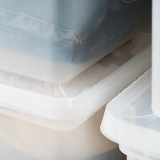 IRIS USA 68 Qt Clear Storage Box, BPA-Free Plastic Stackable Bin with Lid, Containers to Organize Closet Shelves, Clothes, Blankets, Towels, 6 Pack {4}