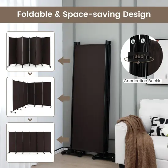 6 Panel 5.7 Feet Tall Rolling Room Divider on Wheels Brown {5}
