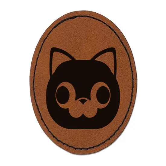 Round Cat Face Derpy Round Iron-On Engraved Faux Leather Patch Applique - 2.5" Brown {1}
