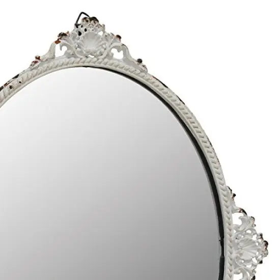 11.7" x 10" Oval Antique White Metal Accent Wall Mirror with Attached Hanger, Country Rustic Decor for the Living Room, Bedroom, Bathroom, Hallway, and Entryway {5}