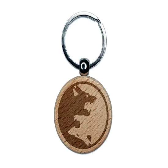 Yin Yang Wolf Wolves Engraved Wood Round Keychain Tag Charm {1}