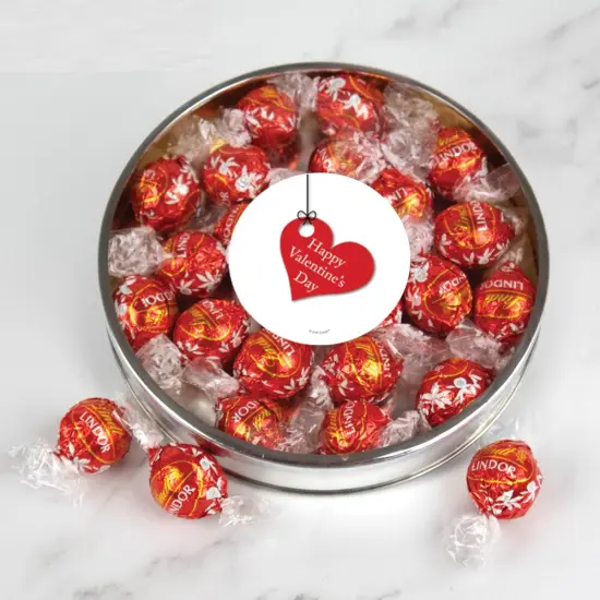 Valentine's Day Candy Gift Tin with Chocolate Lindor Truffles by Lindt Large Plastic Tin with Sticker - Hanging Heart {1}