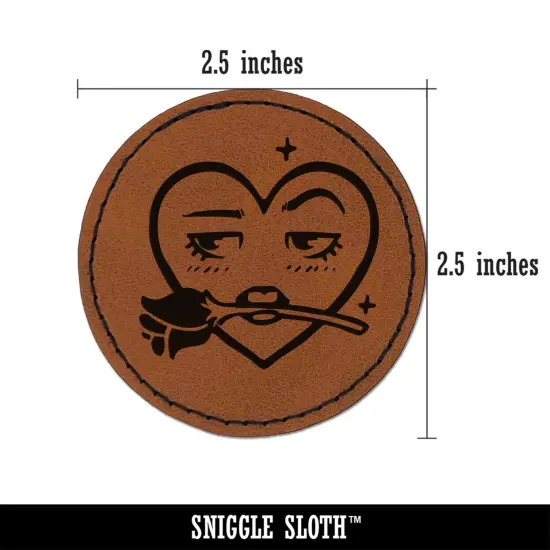 Flirty Heart Face with Rose in Teeth Mouth Round Iron-On Engraved Faux Leather Patch Applique - 2.5" Brown {3}