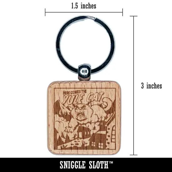 Here Comes the Yule Cat Icelandic Myth Folklore Christmas Engraved Wood Square Keychain Tag Charm {2}