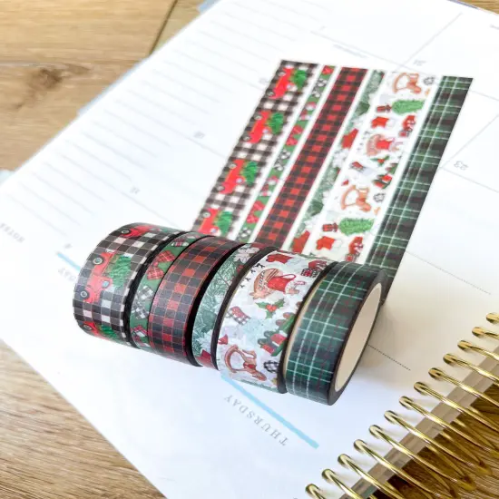 Christmas Rustic Red Truck Buffalo Plaid Green & Red Holiday Washi Tape Set (#W073) {5}