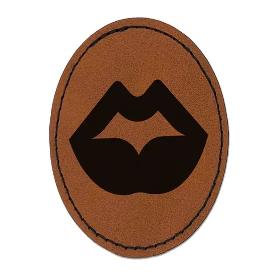 Luscious Plump Lips Round Iron-On Engraved Faux Leather Patch Applique - 2.5" Brown {1}