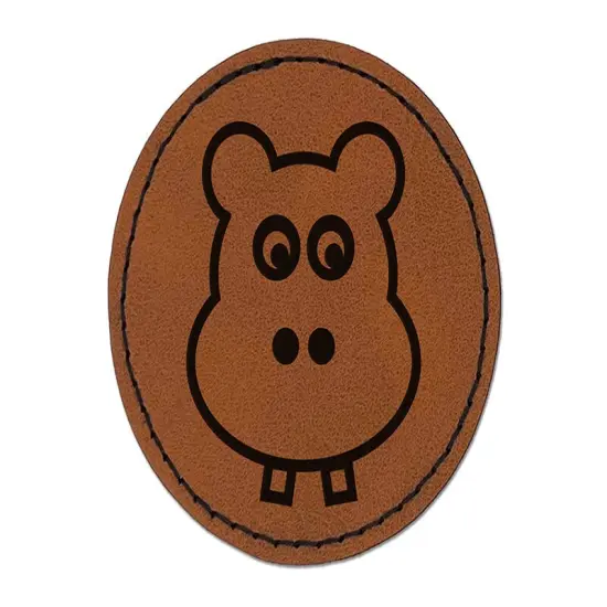Cute Hippopotamus Face Round Iron-On Engraved Faux Leather Patch Applique - 2.5" Brown {1}