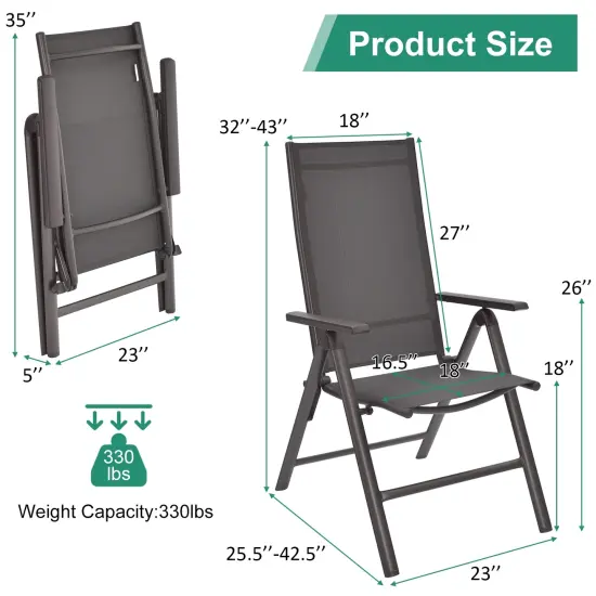 2 Pieces Patio Folding Dining Chairs Aluminium Adjustable Back-Gray {4}