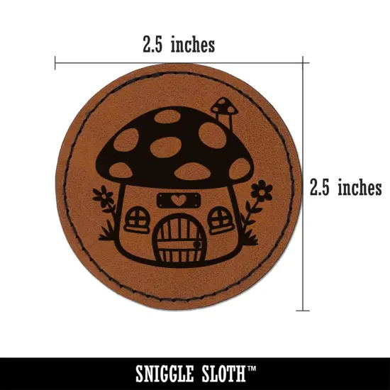 Cute Mushroom Gnome Home Round Iron-On Engraved Faux Leather Patch Applique - 2.5" Brown {3}