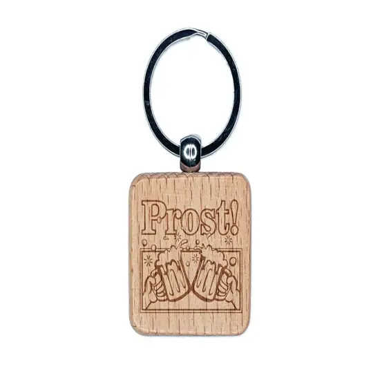 Oktoberfest Prost German Cheers Beer Steins Engraved Wood Square Keychain Tag Charm {1}