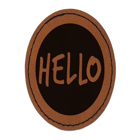Hello in Circle Round Iron-On Engraved Faux Leather Patch Applique - 2.5" Brown {1}