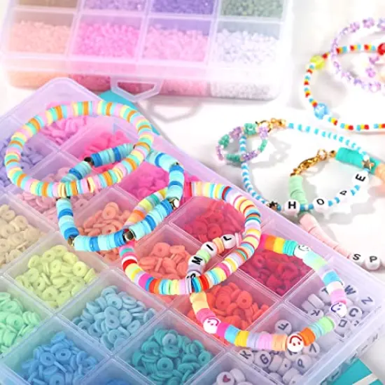 24500+ Pieces Beads for Jewelry Making Kit, Colorful Flat Round Polymer Clay Beads Glass Seed Beads for Bracelet Making Kit, Necklace Ring Heishi Beads DIY Craft Gift for Kids Girls {3}