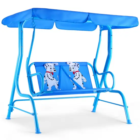 Costway Kids Patio Swing Chair Children Porch Bench Canopy 2 Person Yard Furniture blue {1}